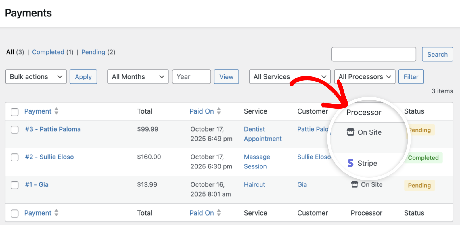 Payment processor types: On Site and Stripe