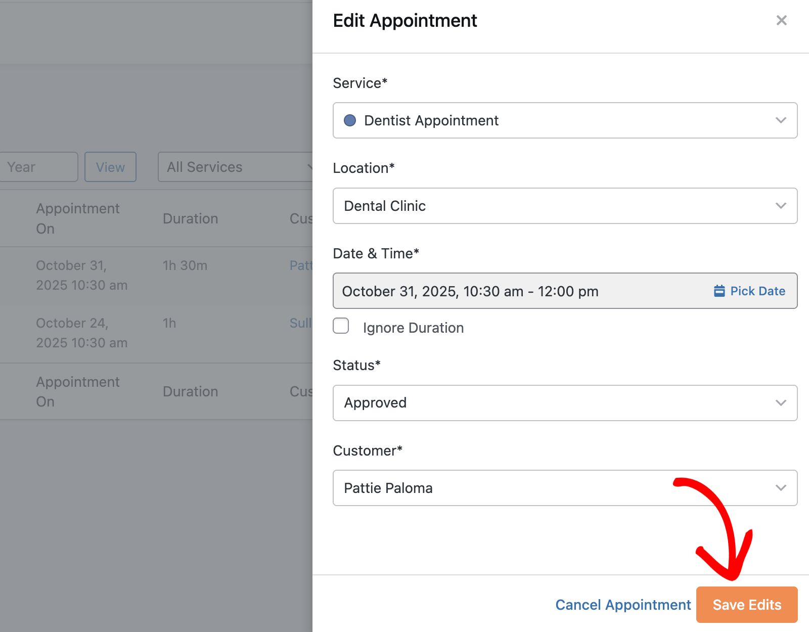 Save appointment edits