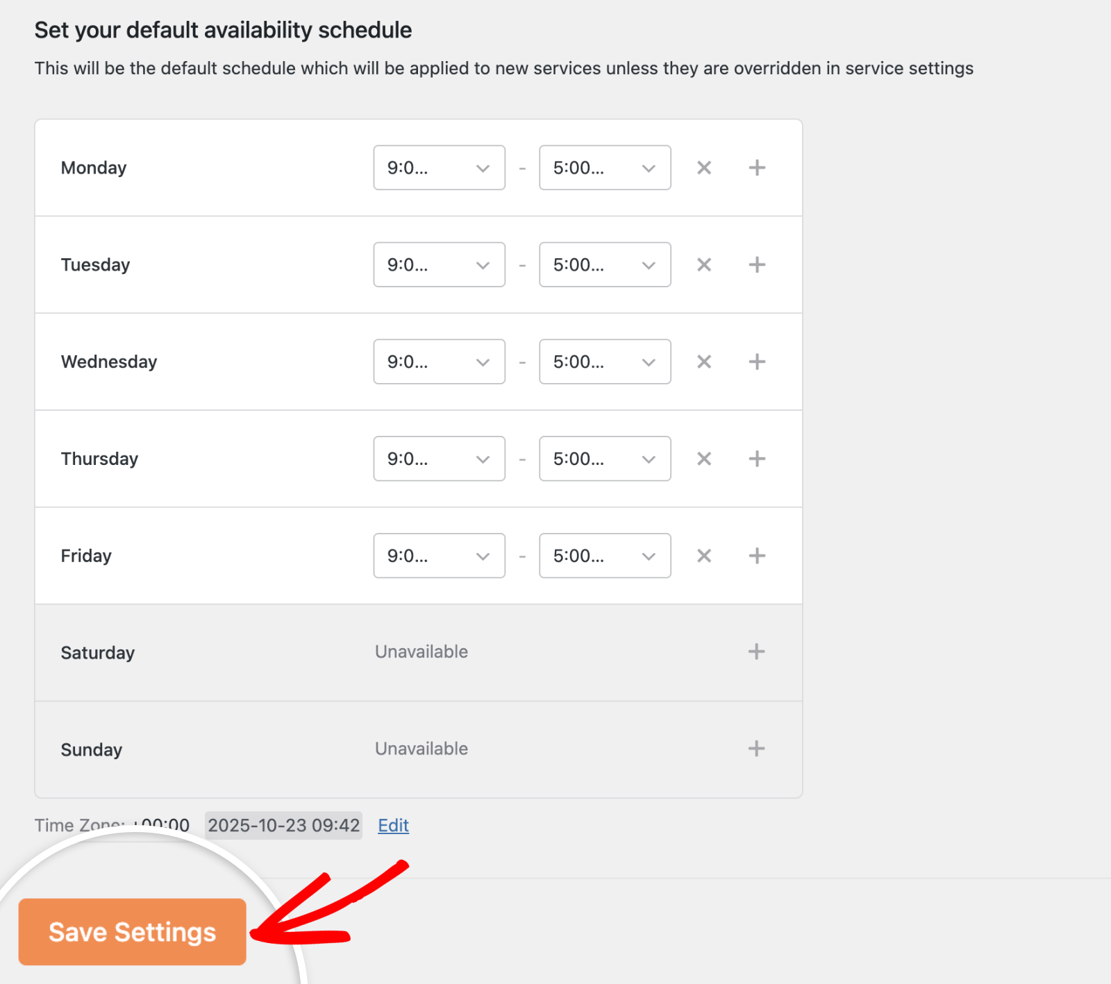 Save changes to availability schedule