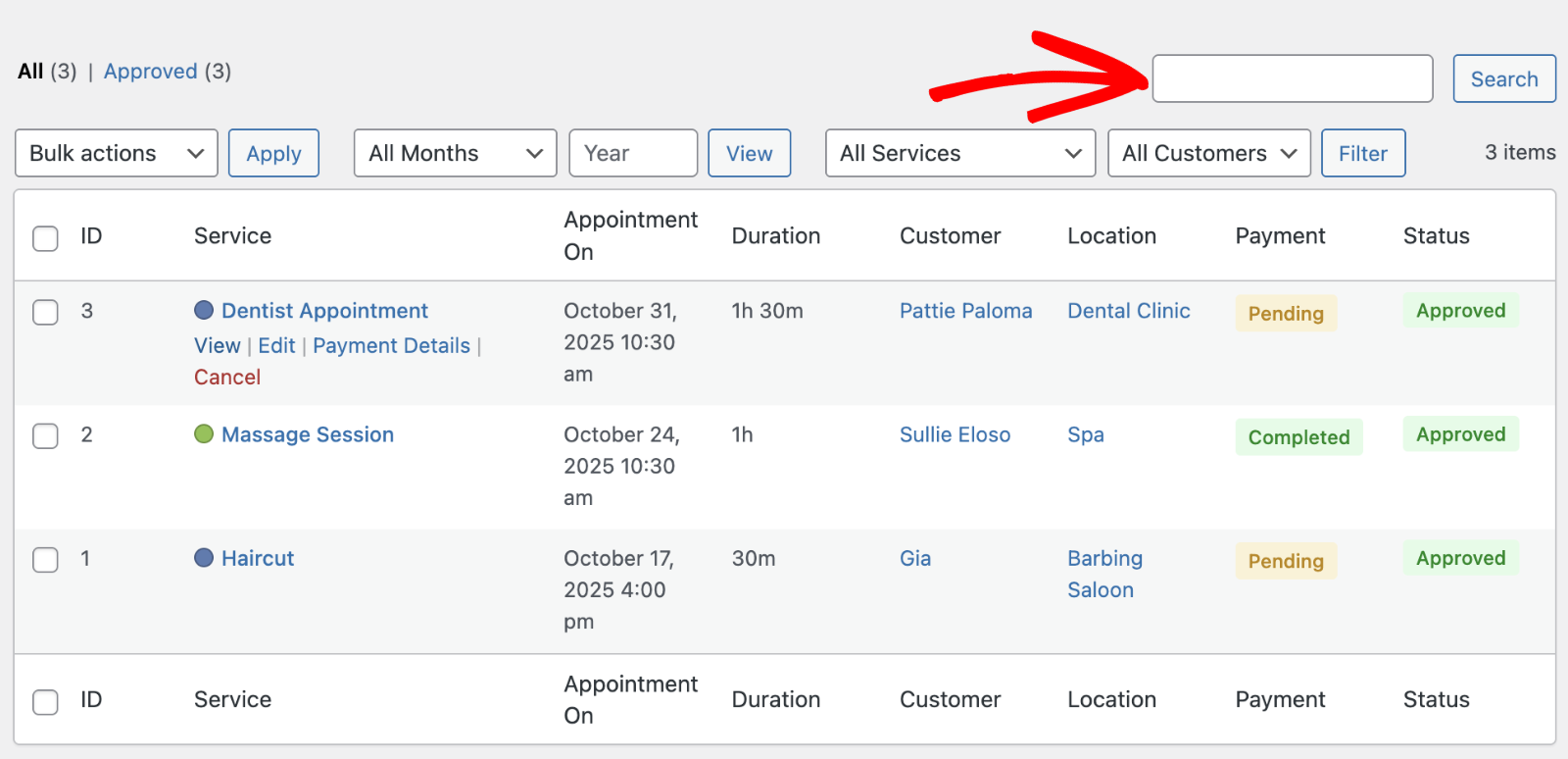 Search and filter appointments