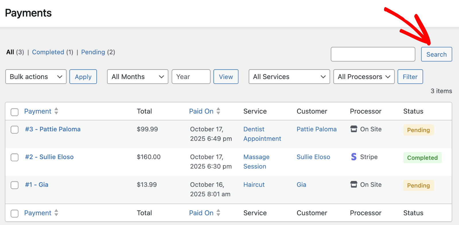 Search payments by keyword