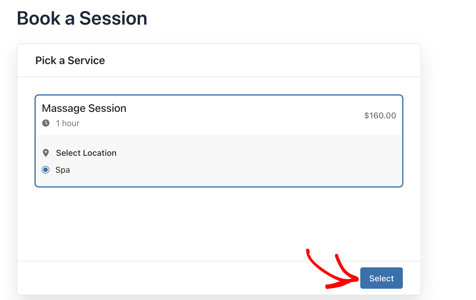 Select a service from the booking form