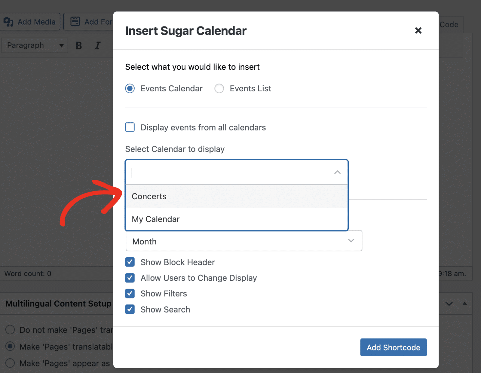 Select calendar to display
