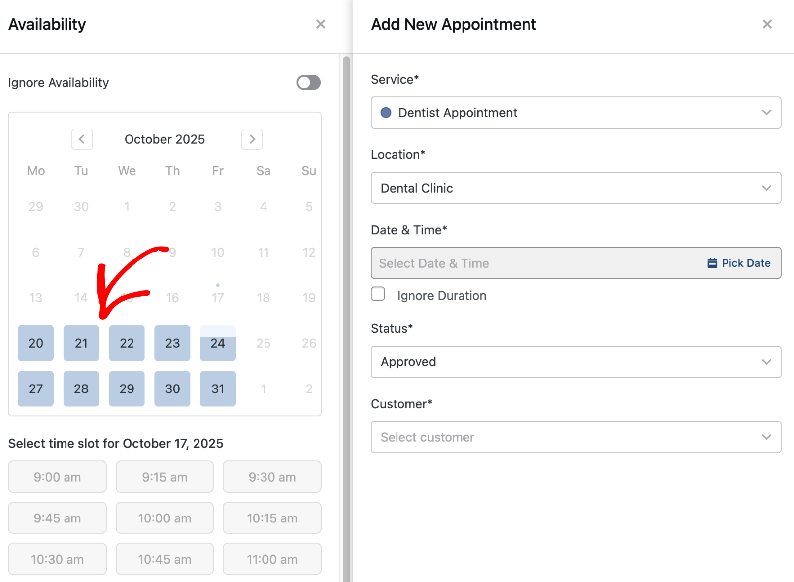 Select date and time slot