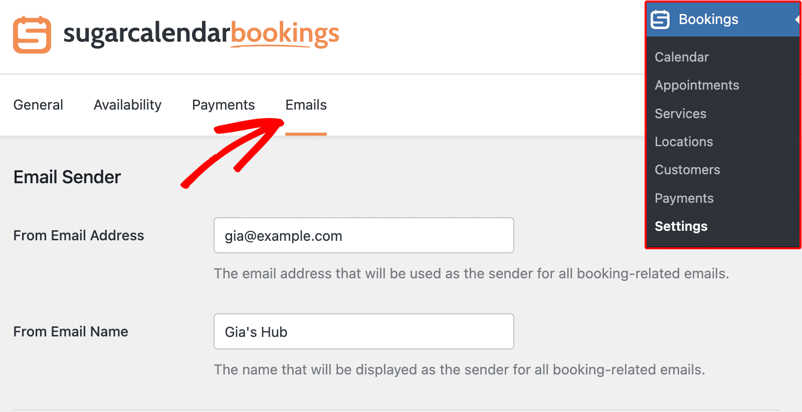 Click the Emails tab in Sugar Calendar settings