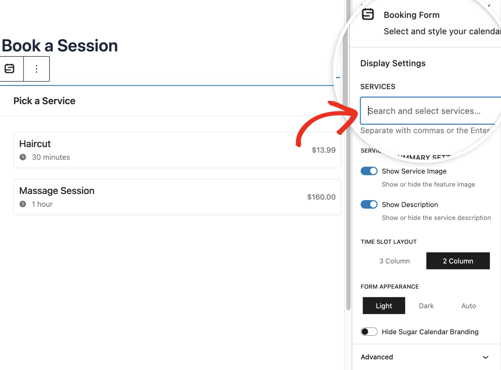 Selecting services for the booking form