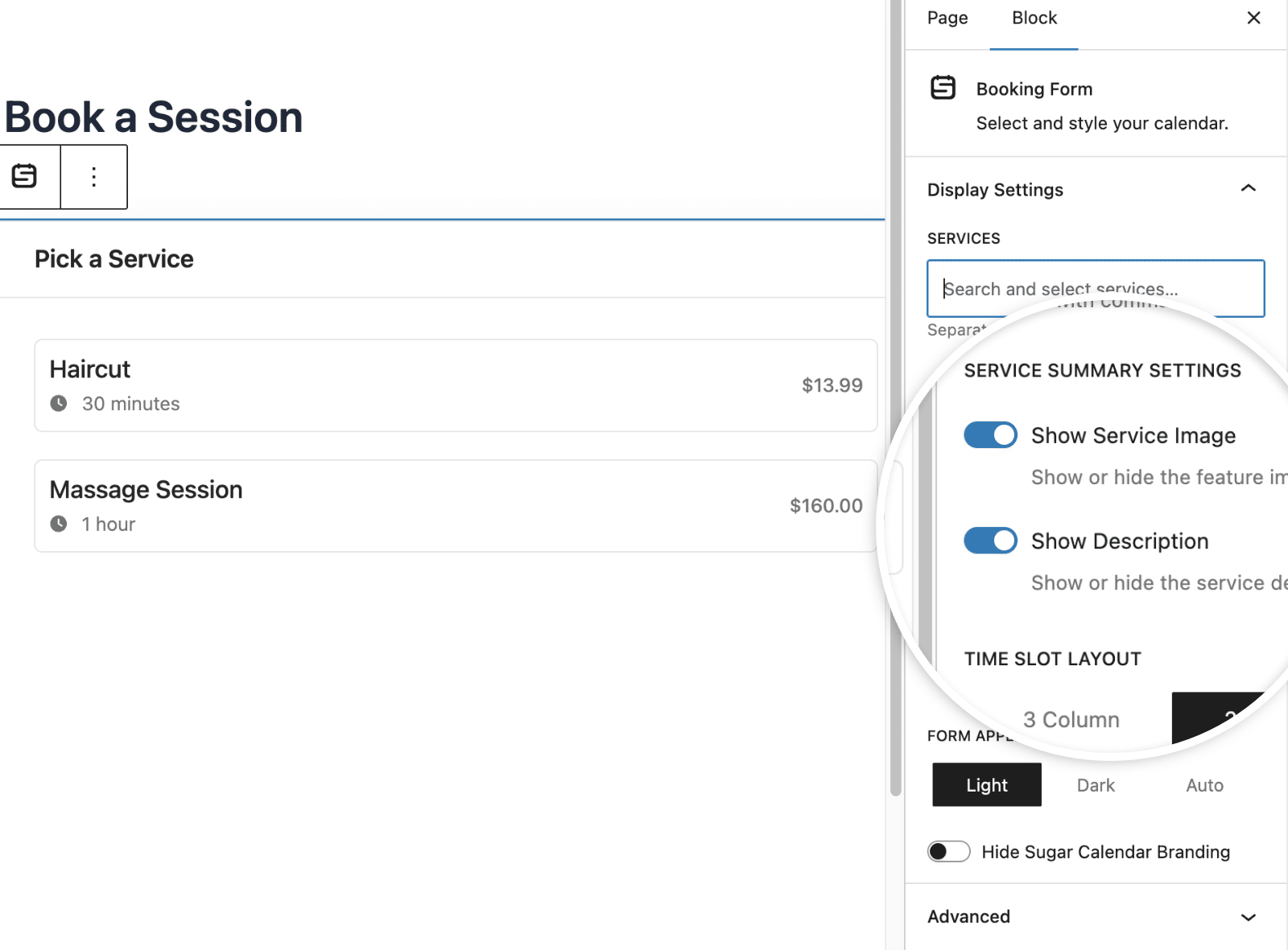 Service summary display options