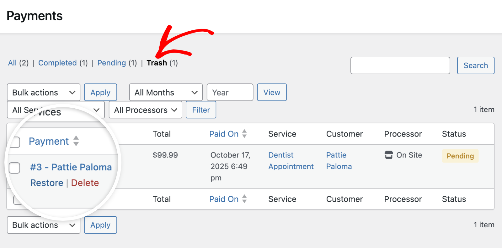 Trash tab with options to Restore or Delete