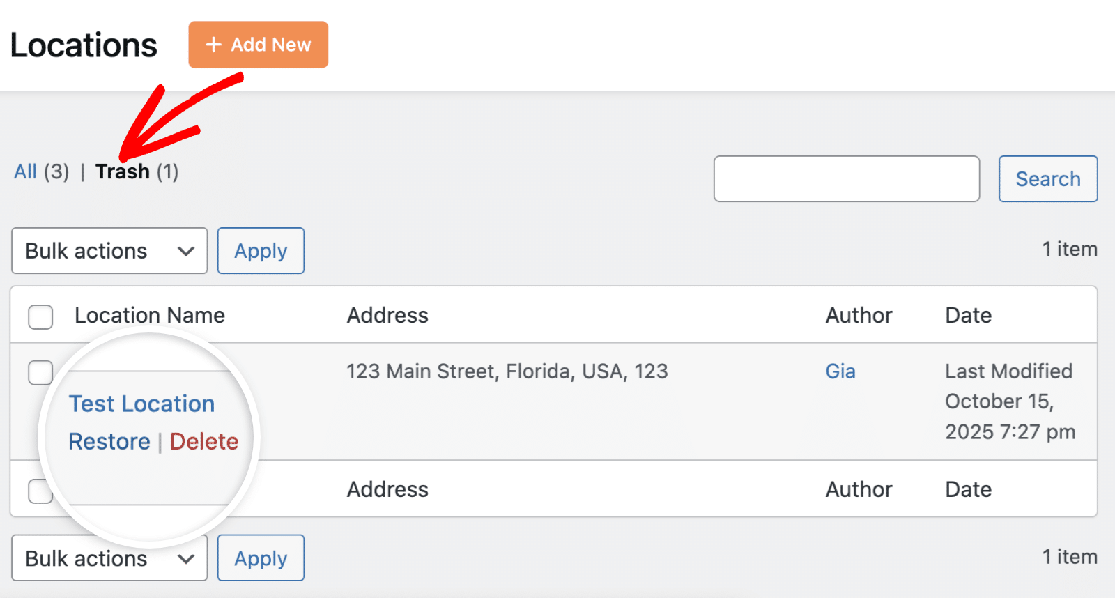 View locations in trash