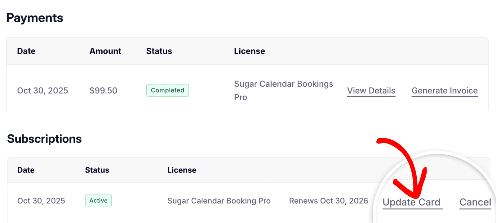 Update card link in Sugar Calendar Bookings billing section