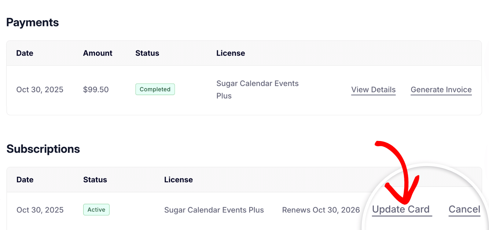 Clicking the Update payment method link