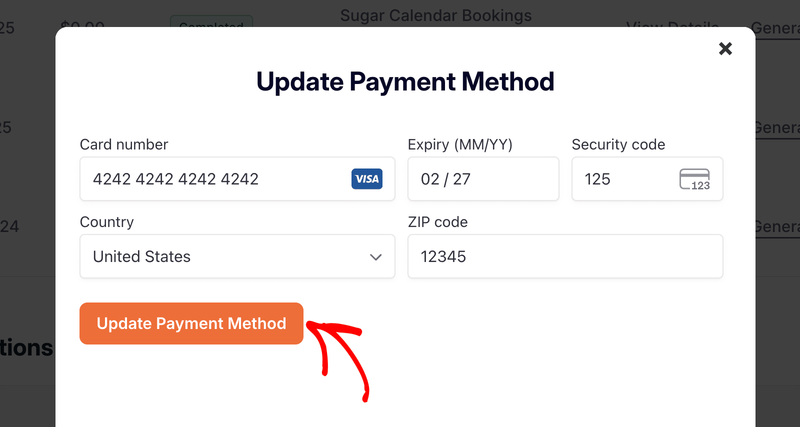 Billing details form for default credit card