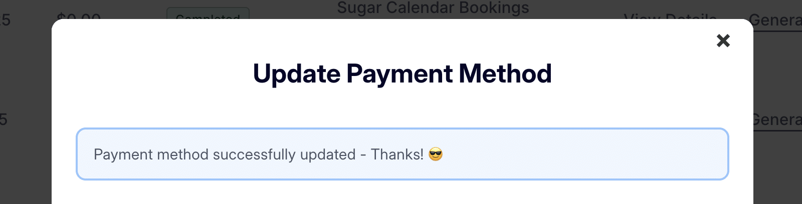 Payment method successfully updated confirmation message
