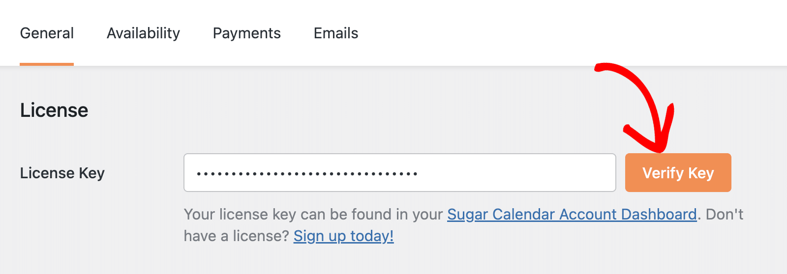 Verify key button in Sugar Calendar Bookings