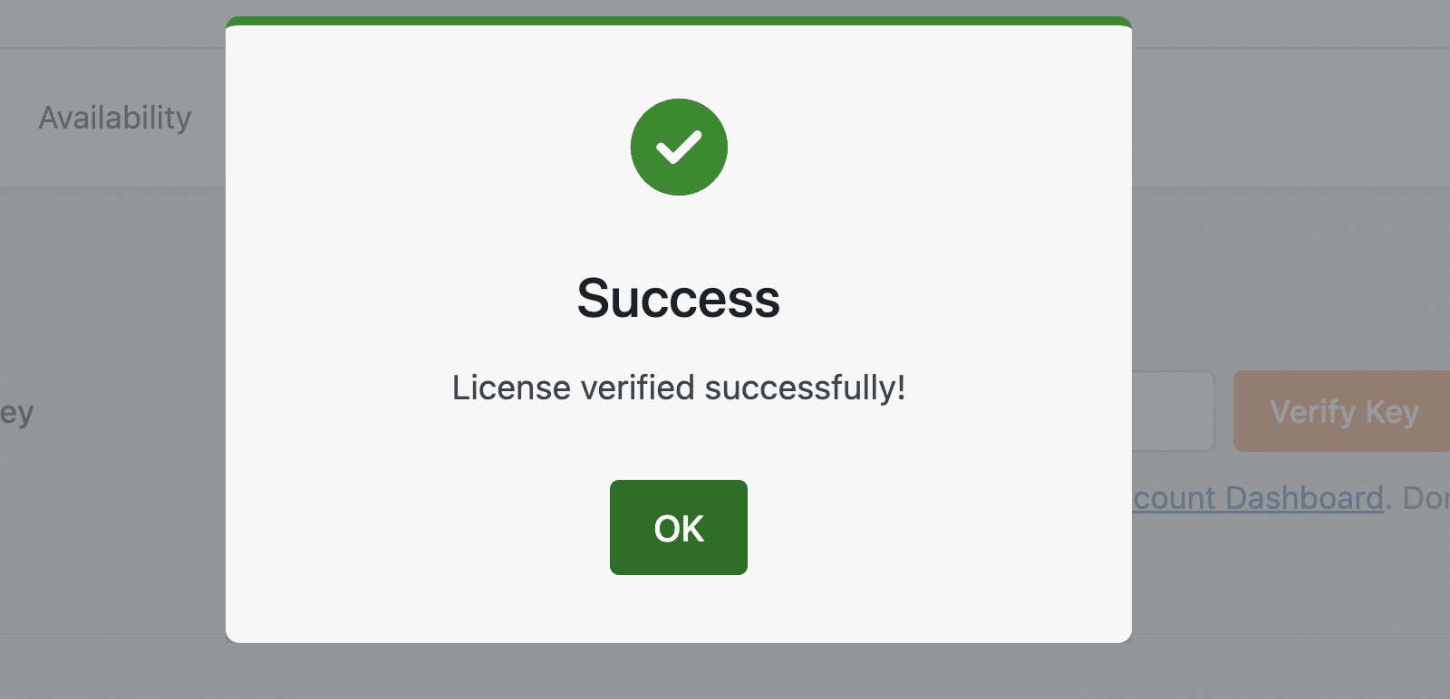 License verified successfully notification