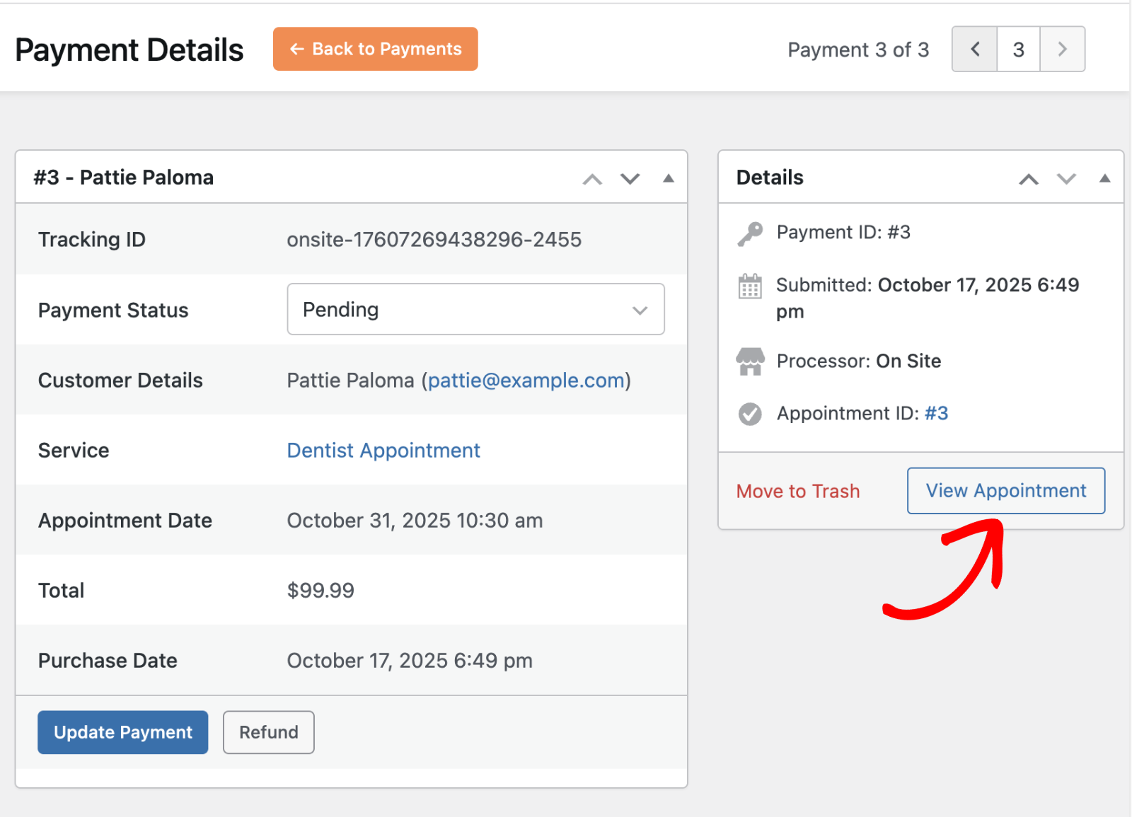 Jump to the related appointment from a payment