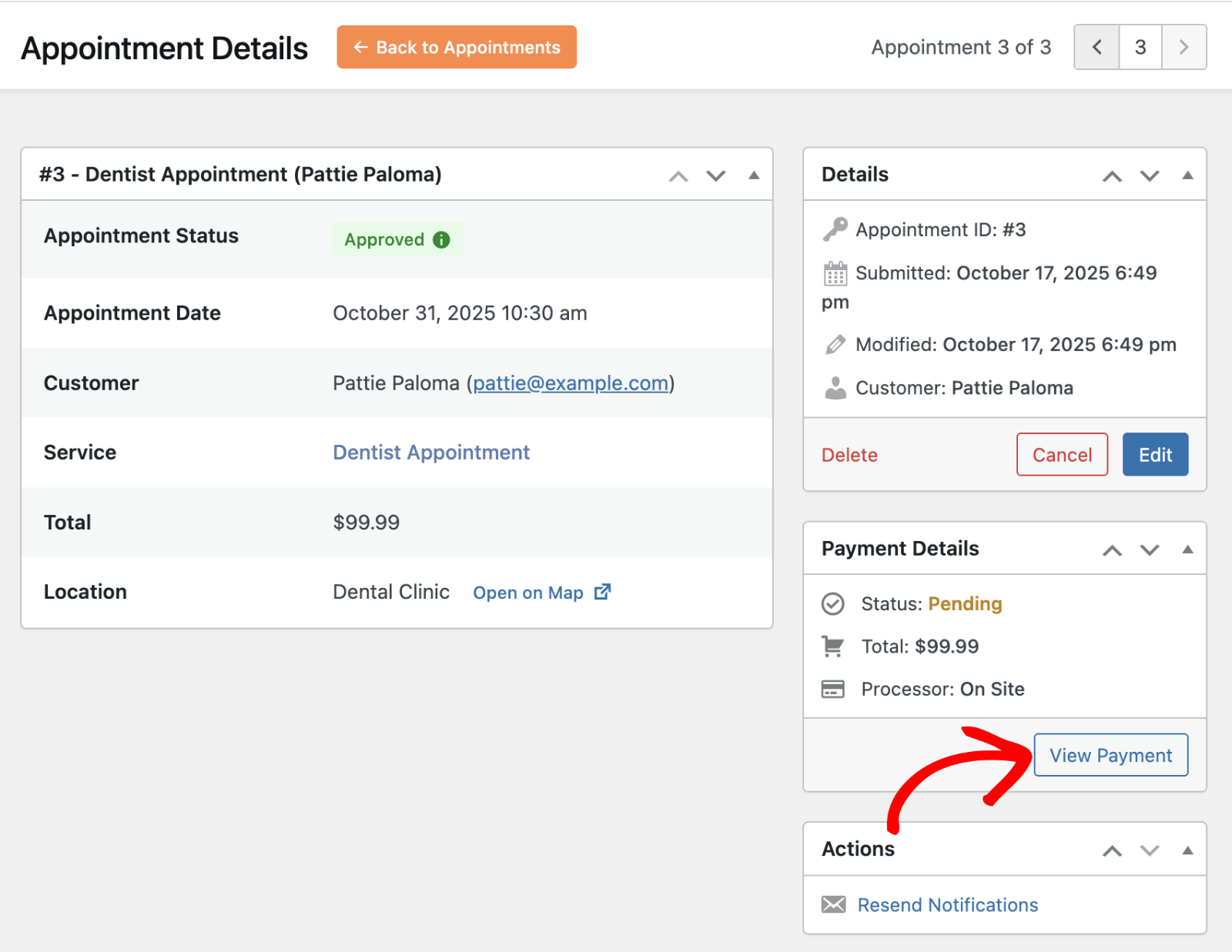 View payment details from appointment page