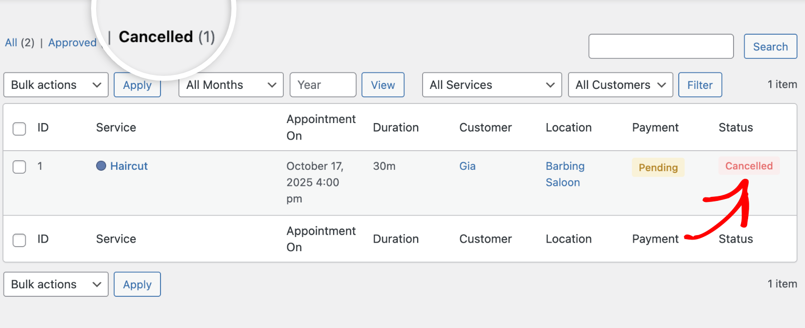 View cancelled appointments