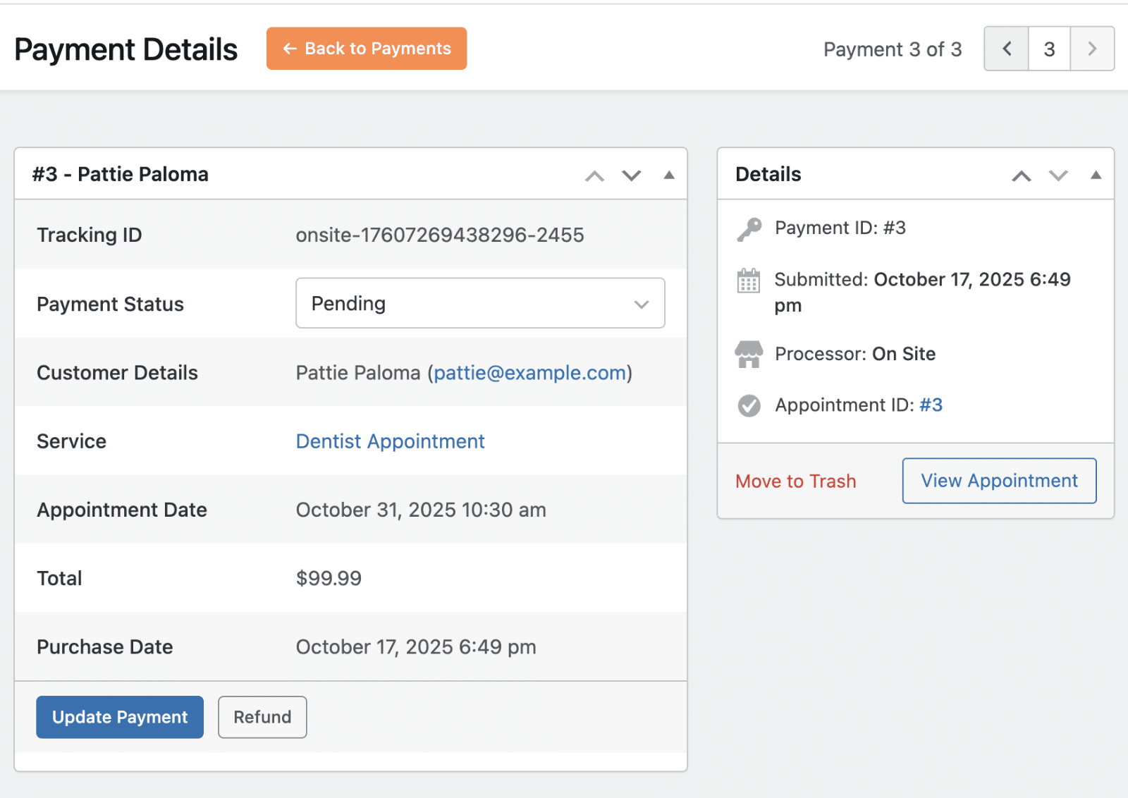 Payment details for an appointment
