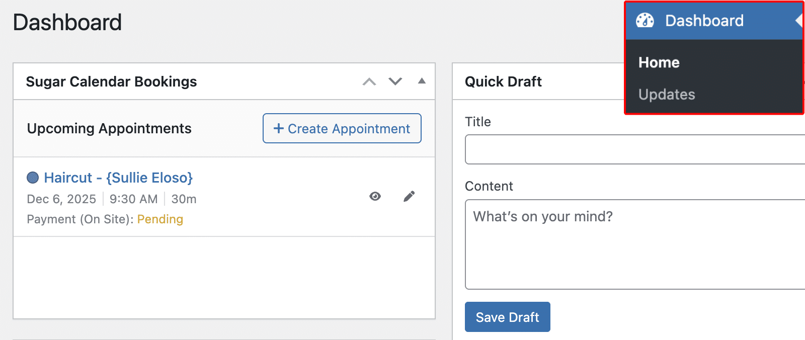 Sugar Calendar Bookings dashboard widget