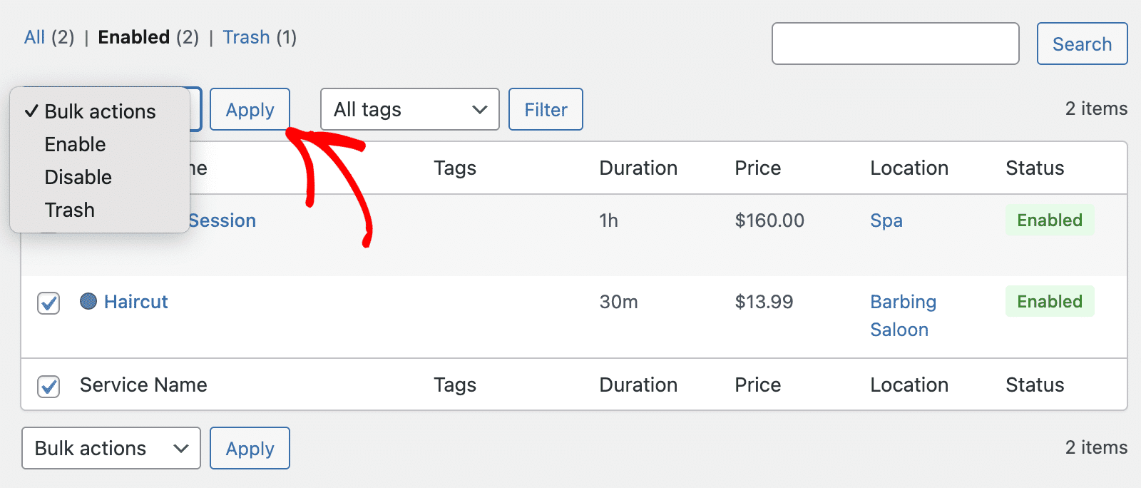 Bulk actions for services
