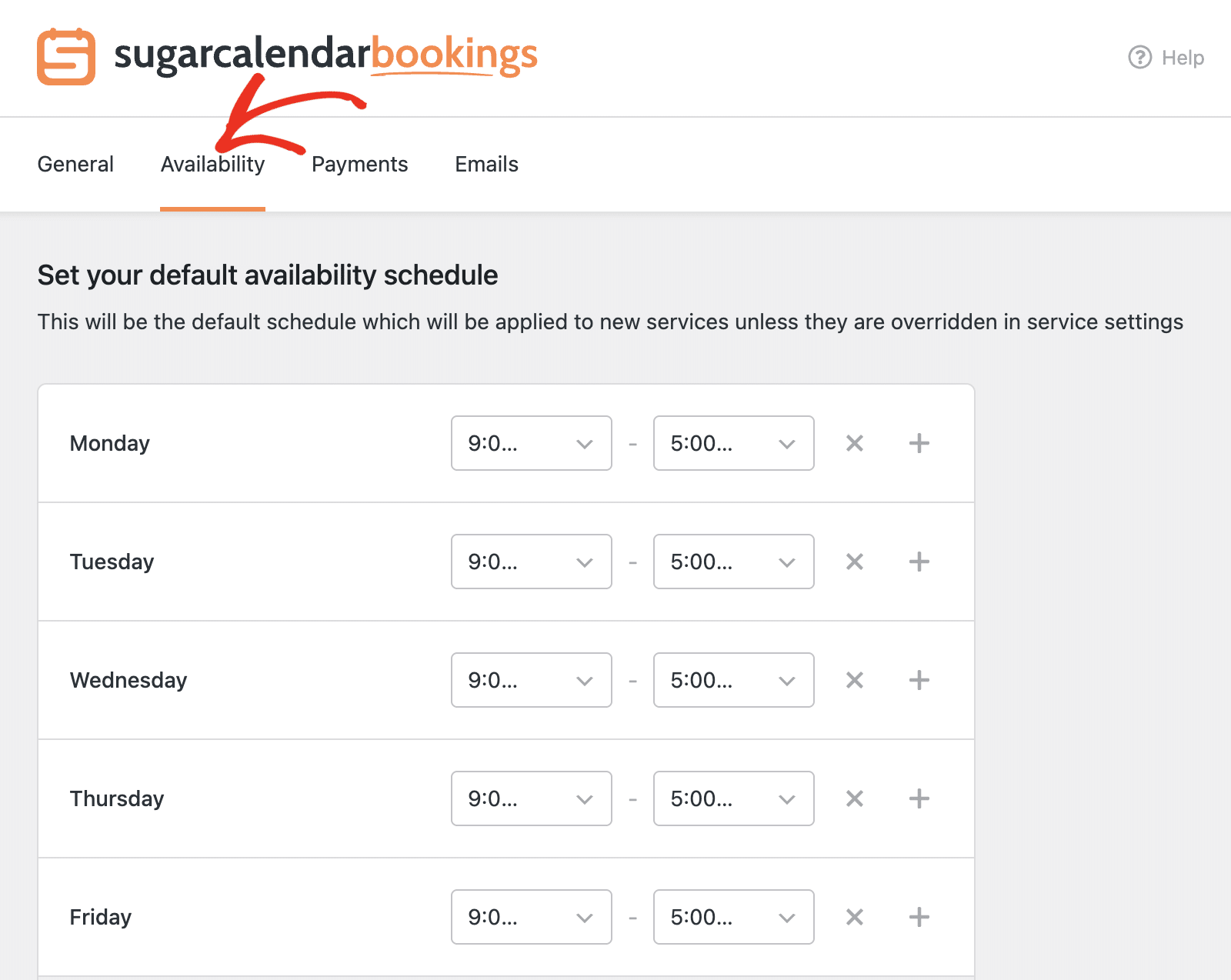 Open the Availability tab in Bookings Settings