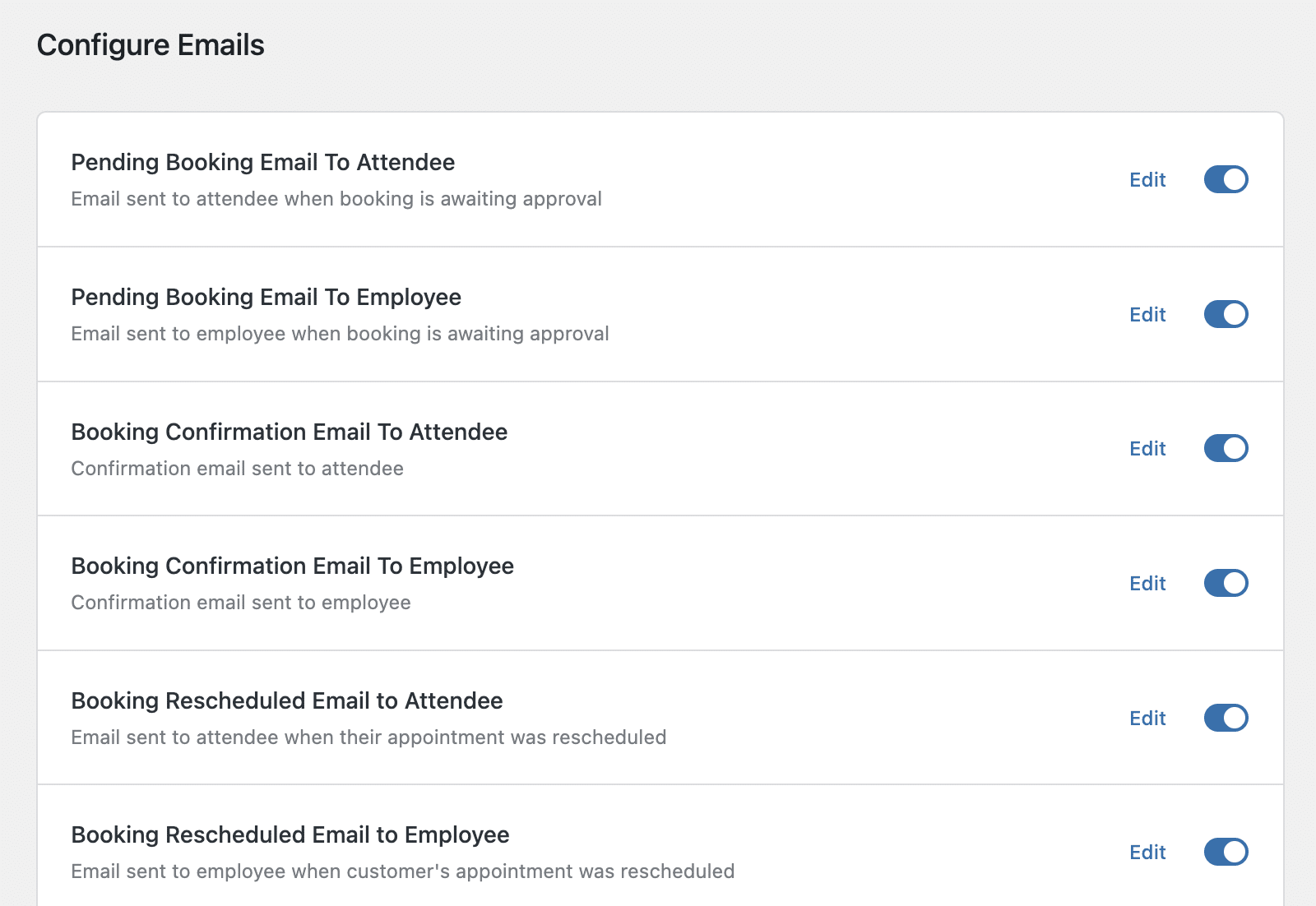 Configure and edit booking-related email notifications