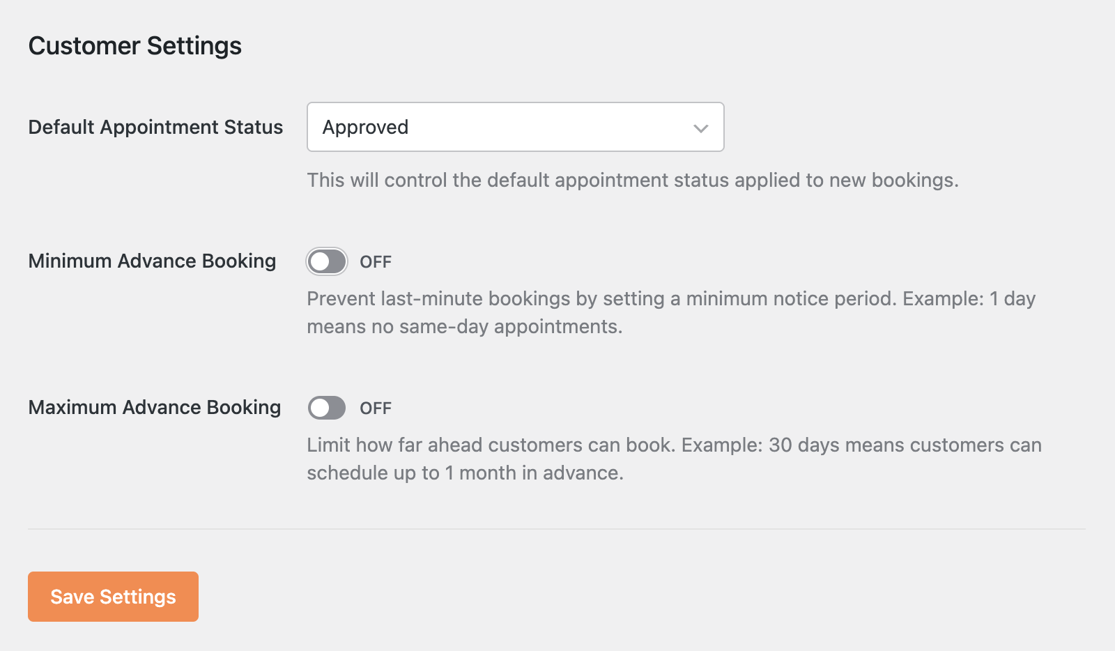 Customer Settings panel