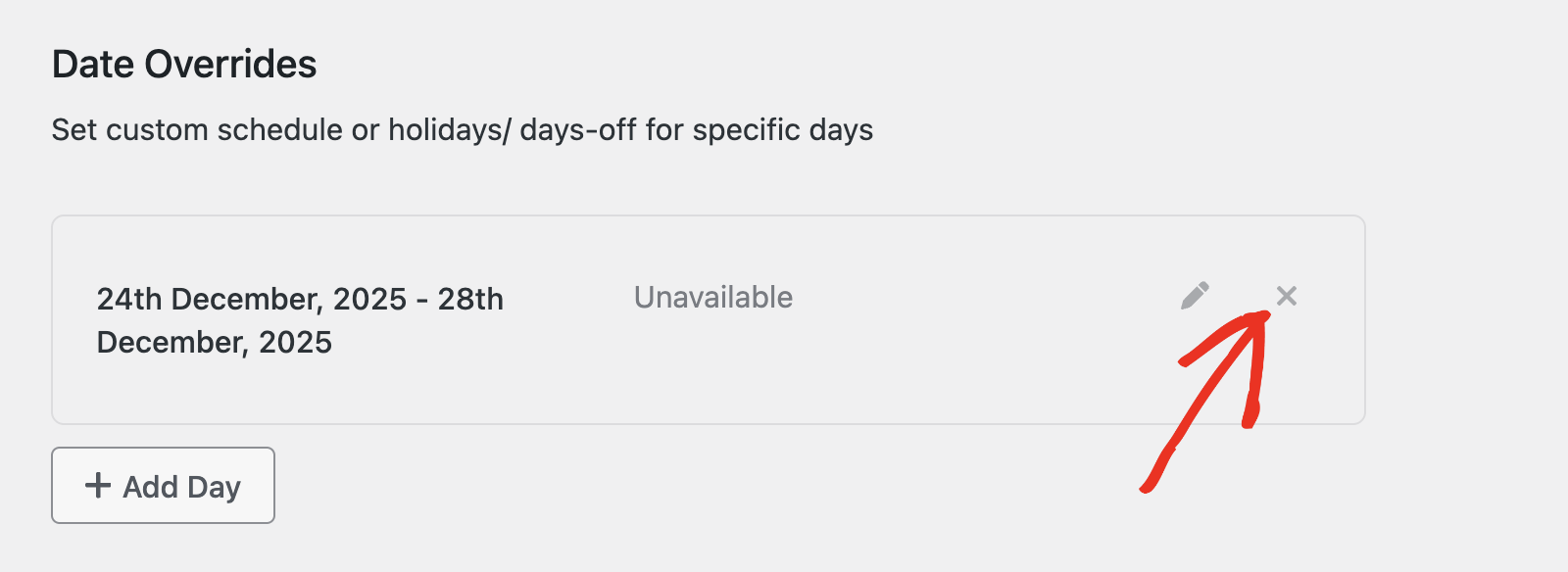 Click the X icon to delete custom schedule