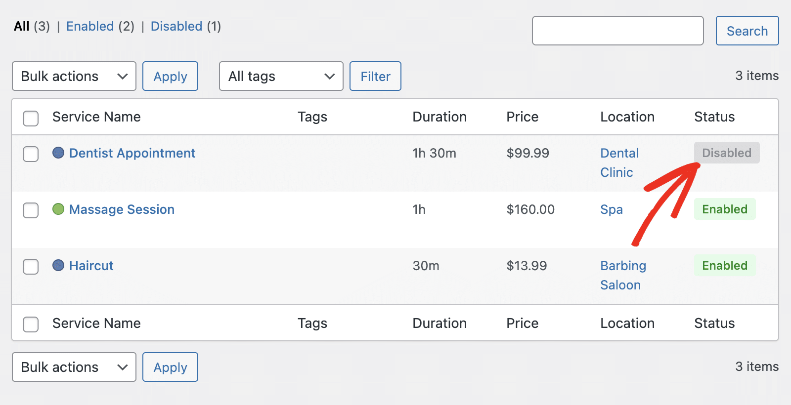 Disabled service status