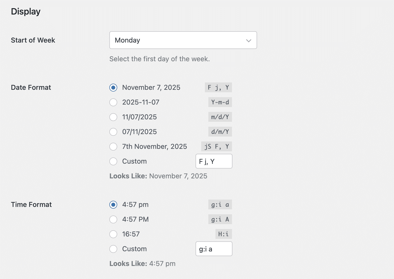 Customize date and time formats in Display Settings