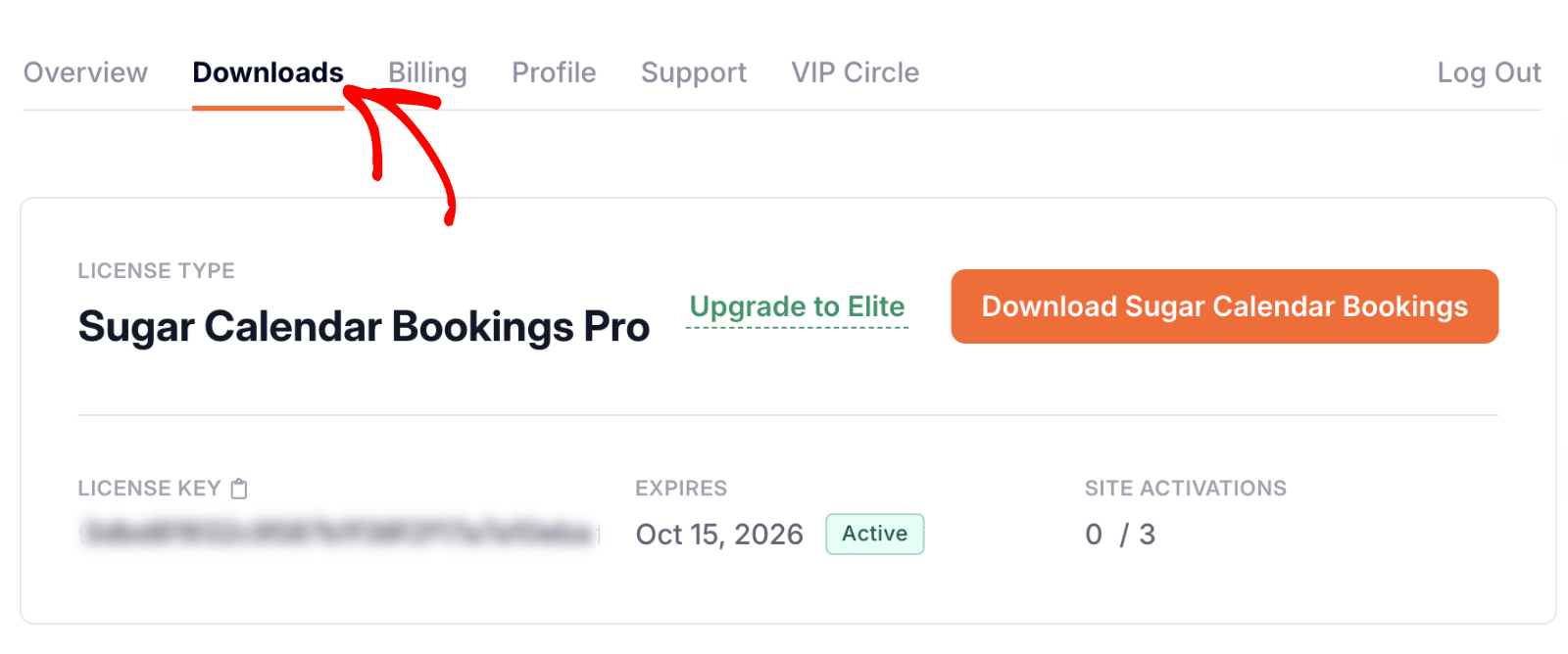 Downloads tab in Sugar Calendar Bookings account