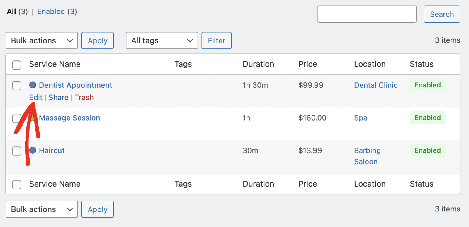 Click Edit to modify service