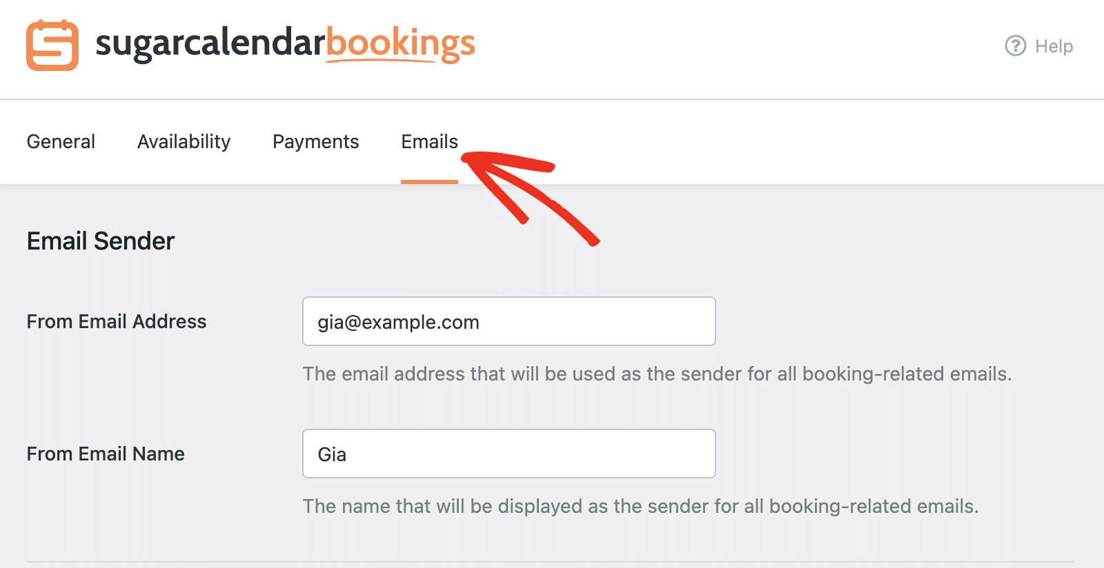 Open the Emails tab in Bookings settings