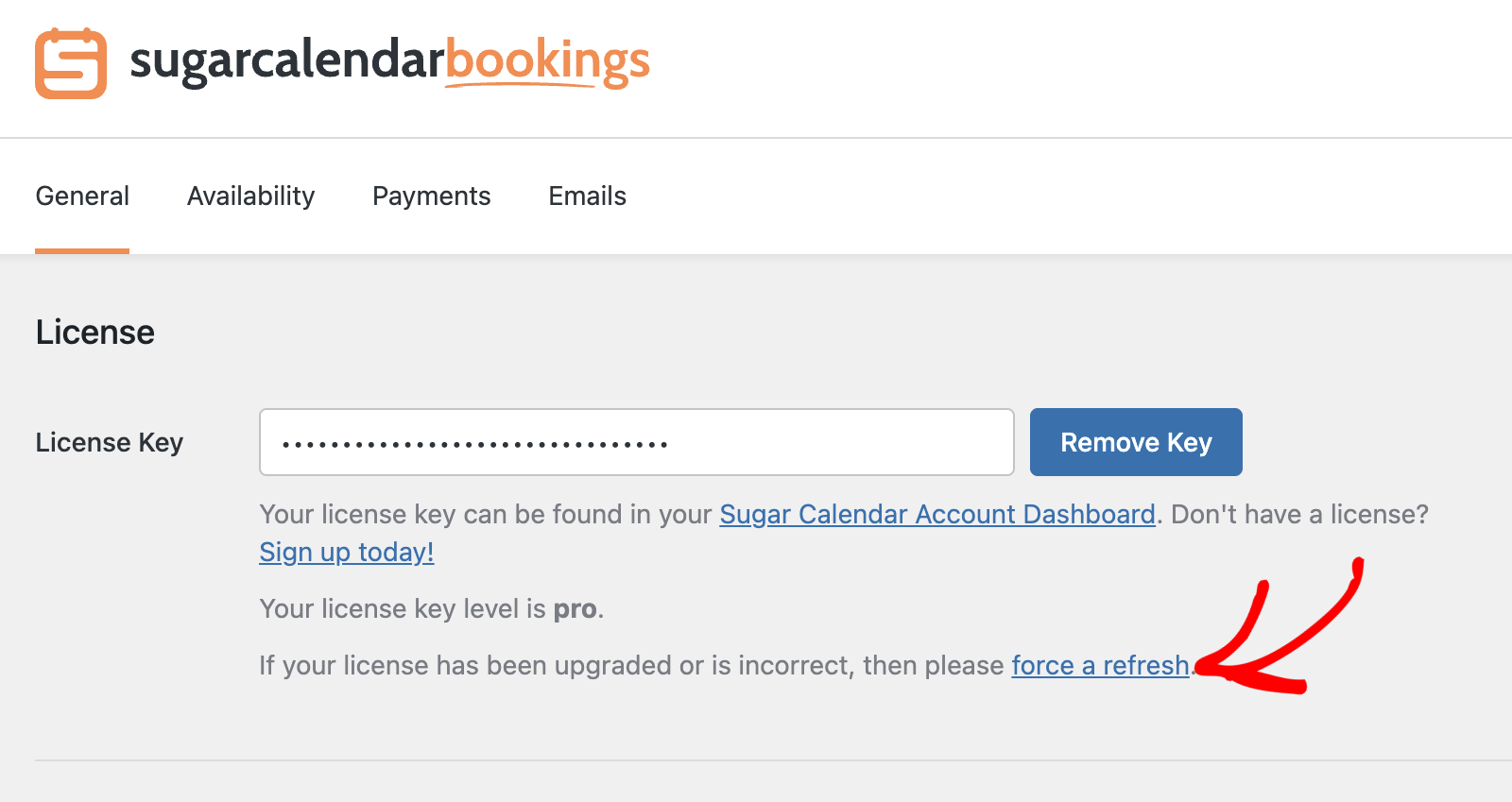 Force a refresh link under the license section