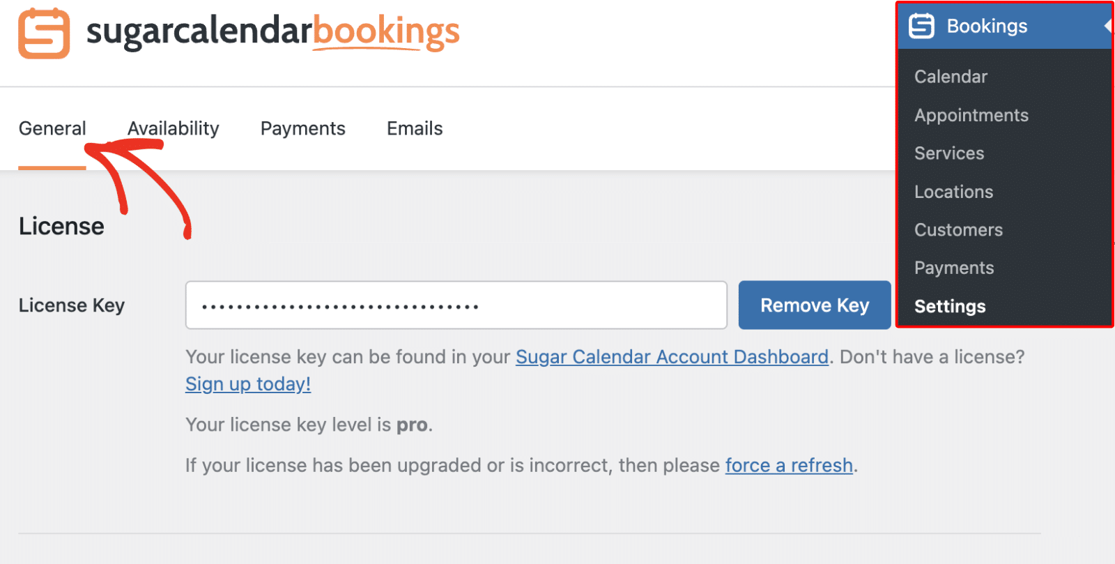 Access the settings tabs in Sugar Calendar Bookings