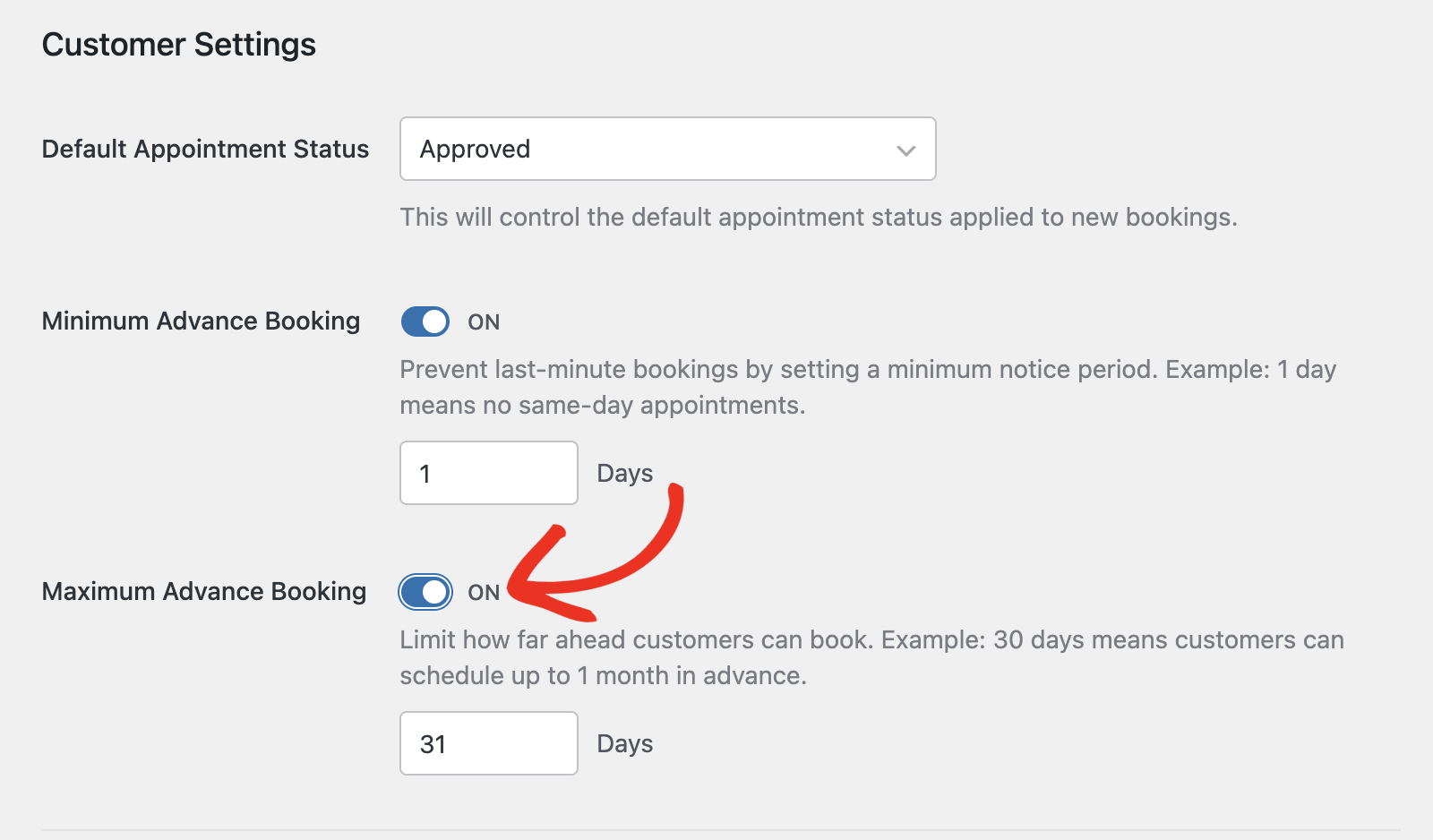 Enable maximum advance booking option