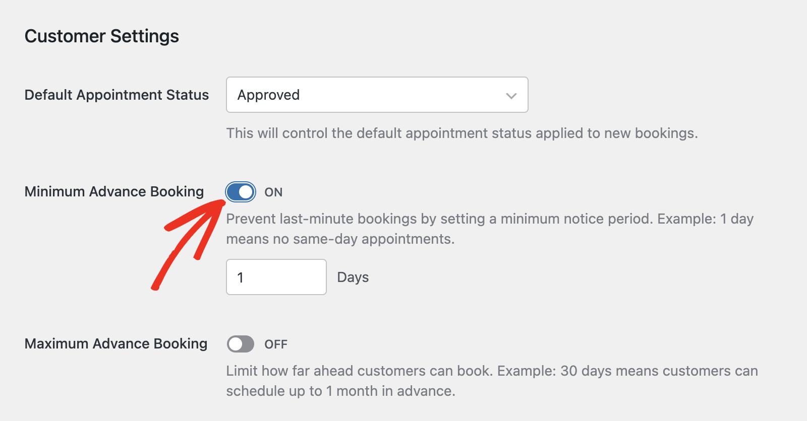 Enable minimum advance booking