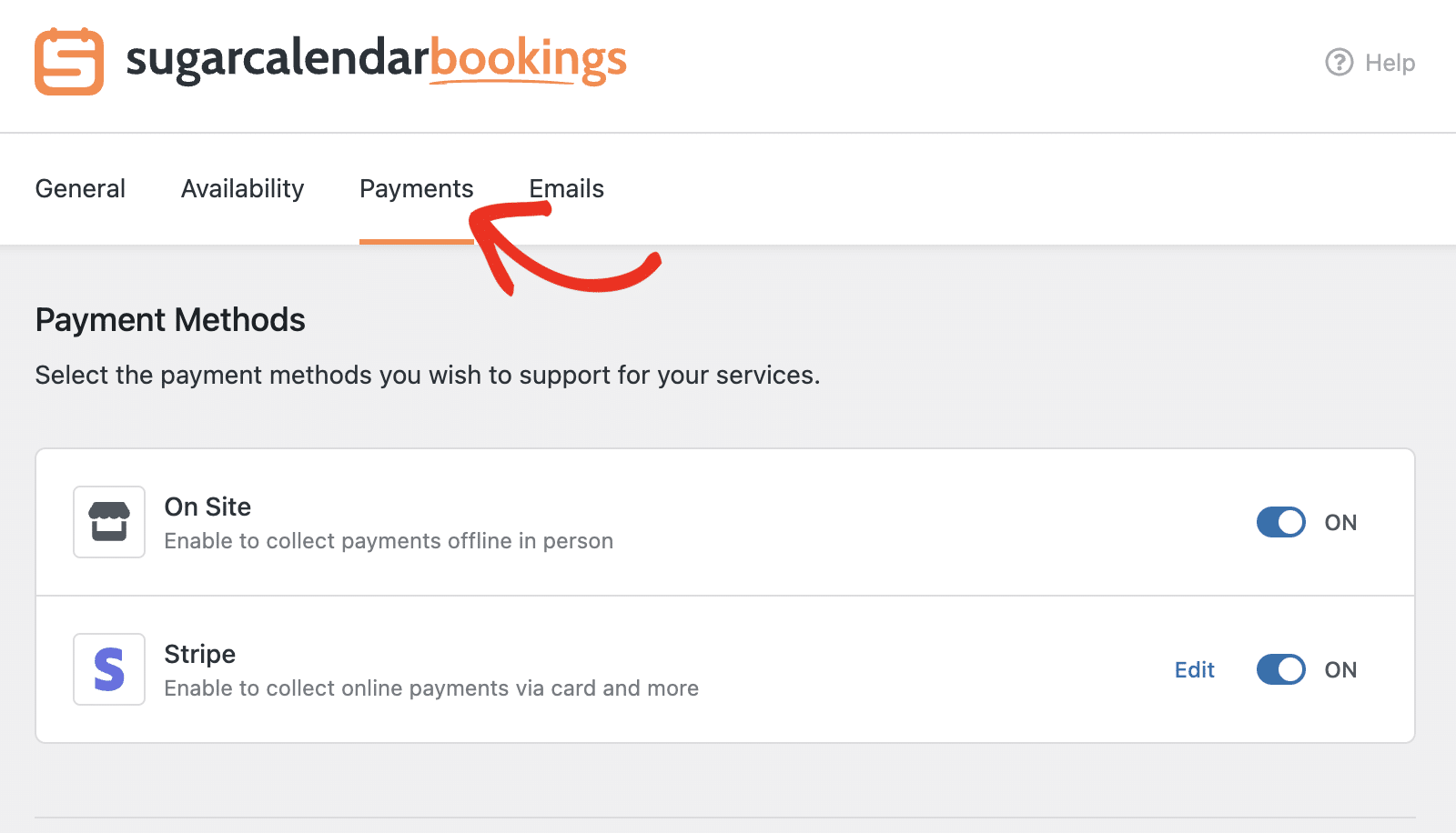 Manage payment methods in Bookings Settings