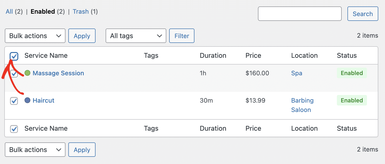 Select services for bulk action
