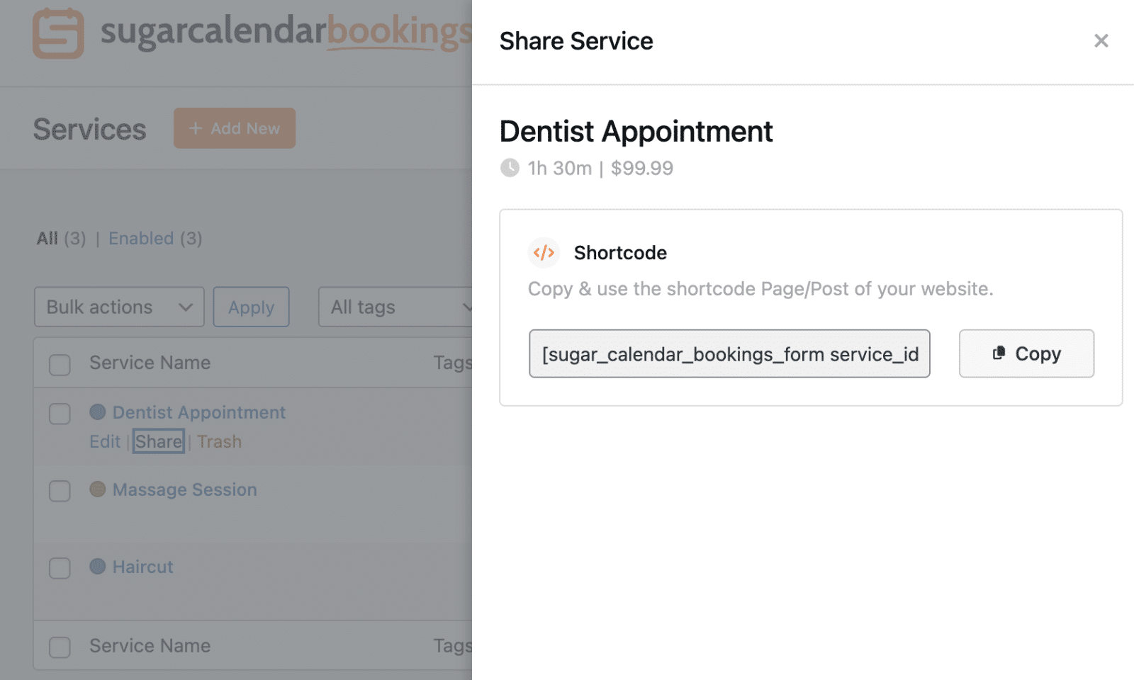 Copy service shortcode
