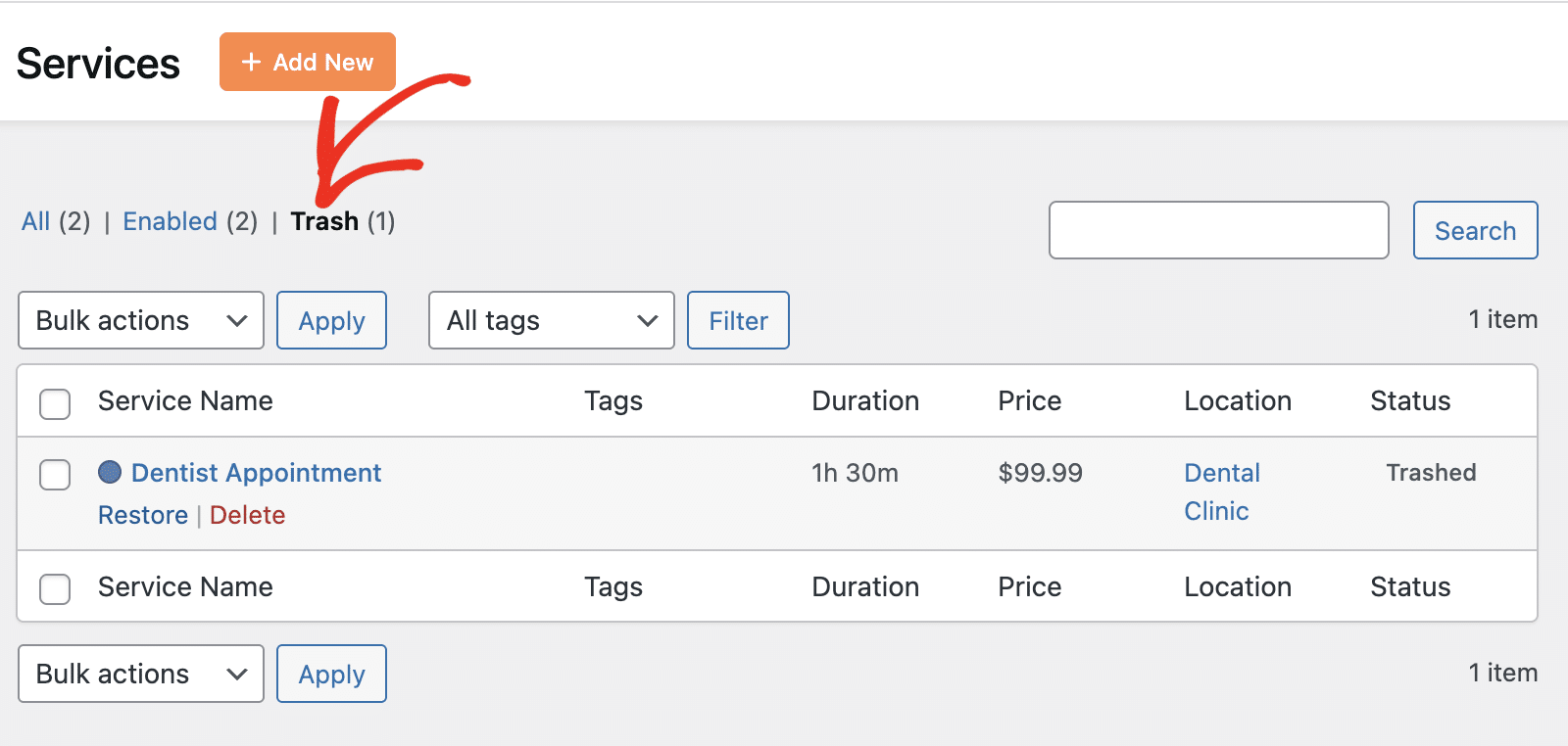 View trashed services