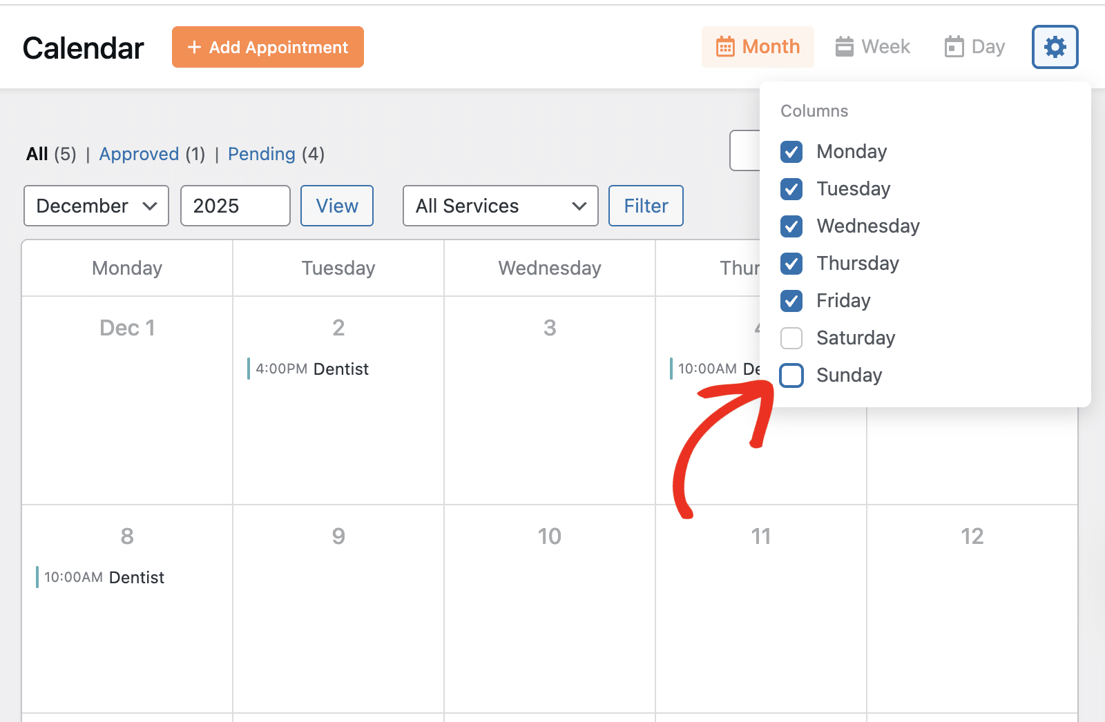 Toggle day columns on or off