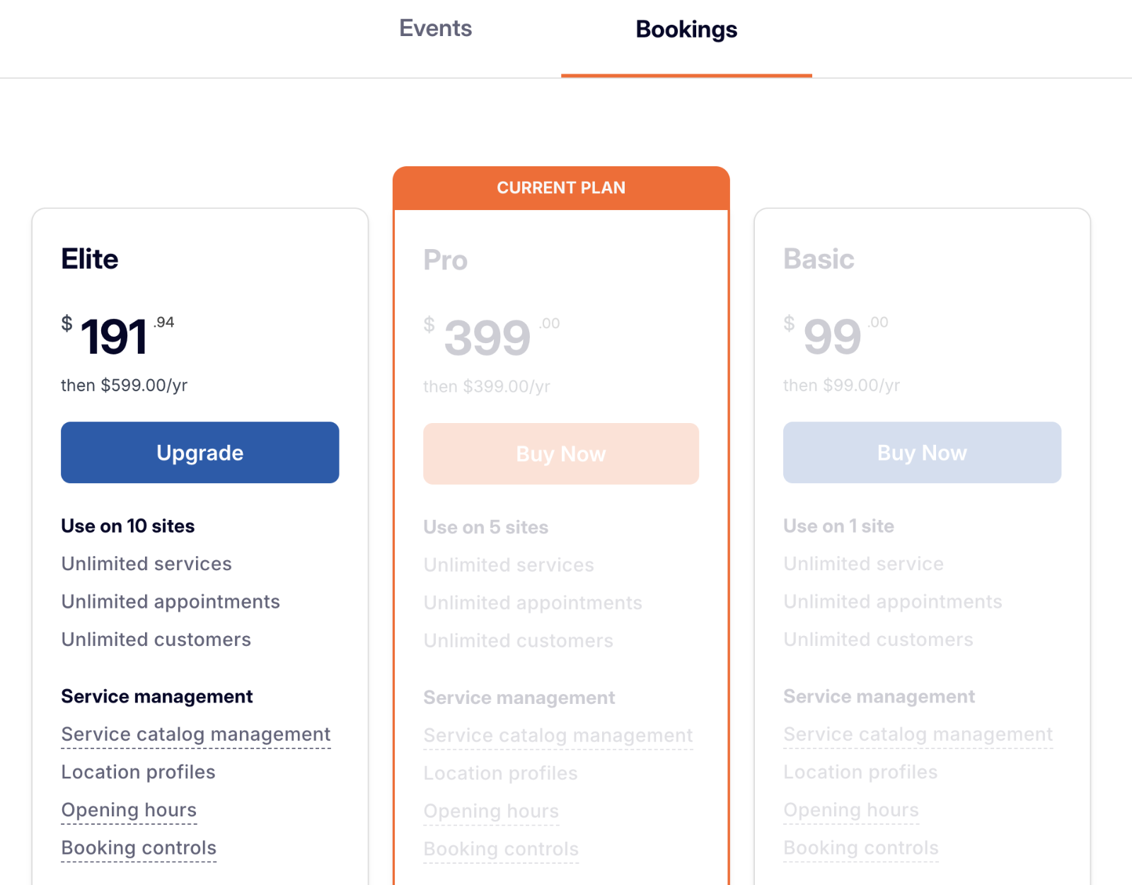 Sugar Calendar Bookings upgrade plan options