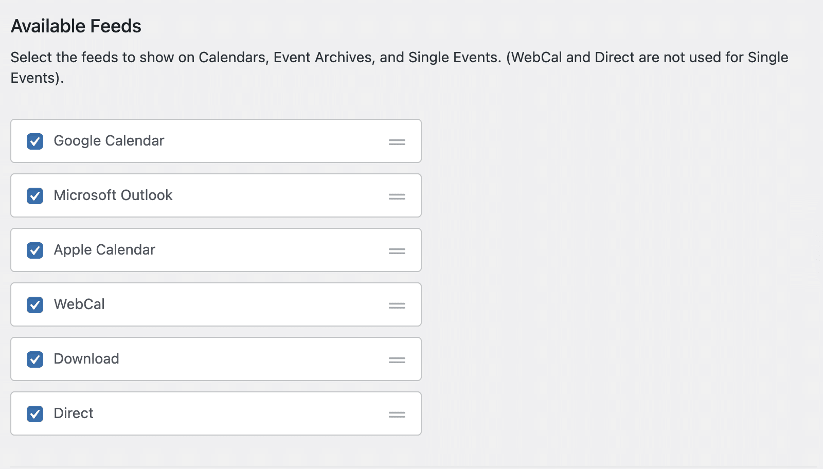Available calendar feeds