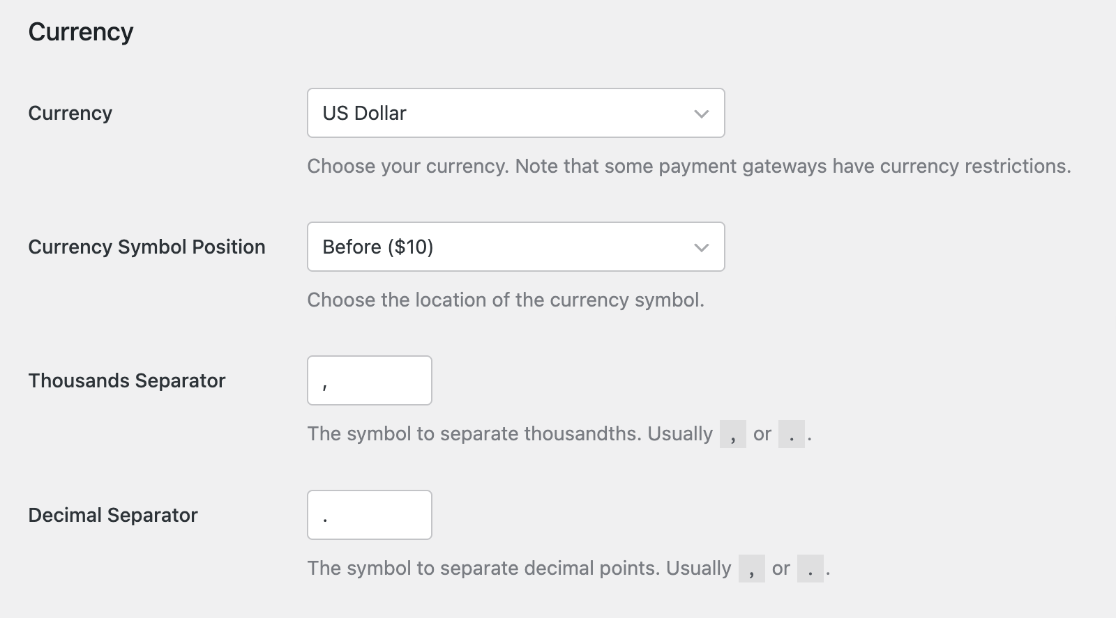 Currency settings in Payments tab
