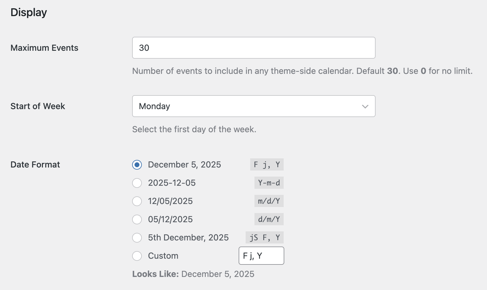 Display settings in Sugar Calendar
