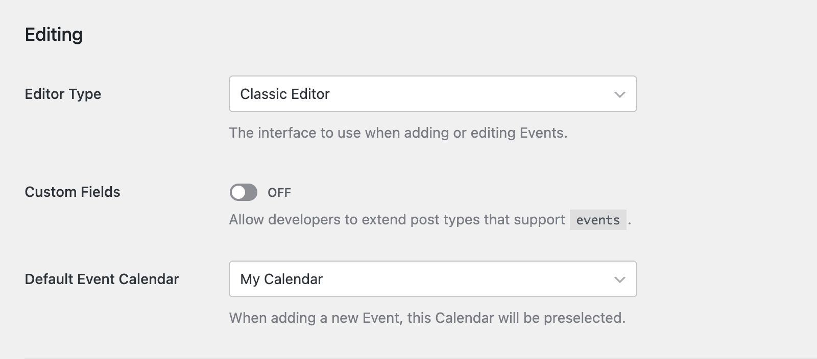 Editing settings in Sugar Calendar