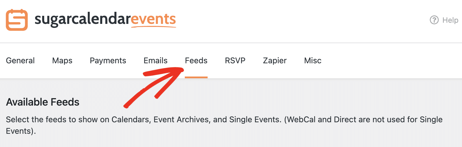 Available Feeds settings in Sugar Calendar