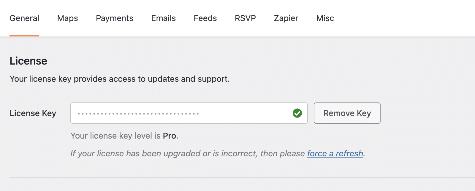 License key section in Sugar Calendar settings